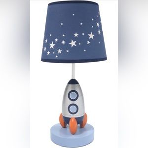 EUC Lambs & Ivy Milky Way Blue/Silver Rocket Ship Nursery Lamp with Shade & Bulb